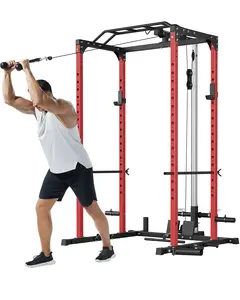Power Cage, 1200 LBS Multi-Function Power Rack with LAT Pulldown, Seated Row, Cable Pulley System, J-Hooks, Dip Handles, Landmine, Squat Rack with Cable Corssover, Smithe Attachment for Home Gym