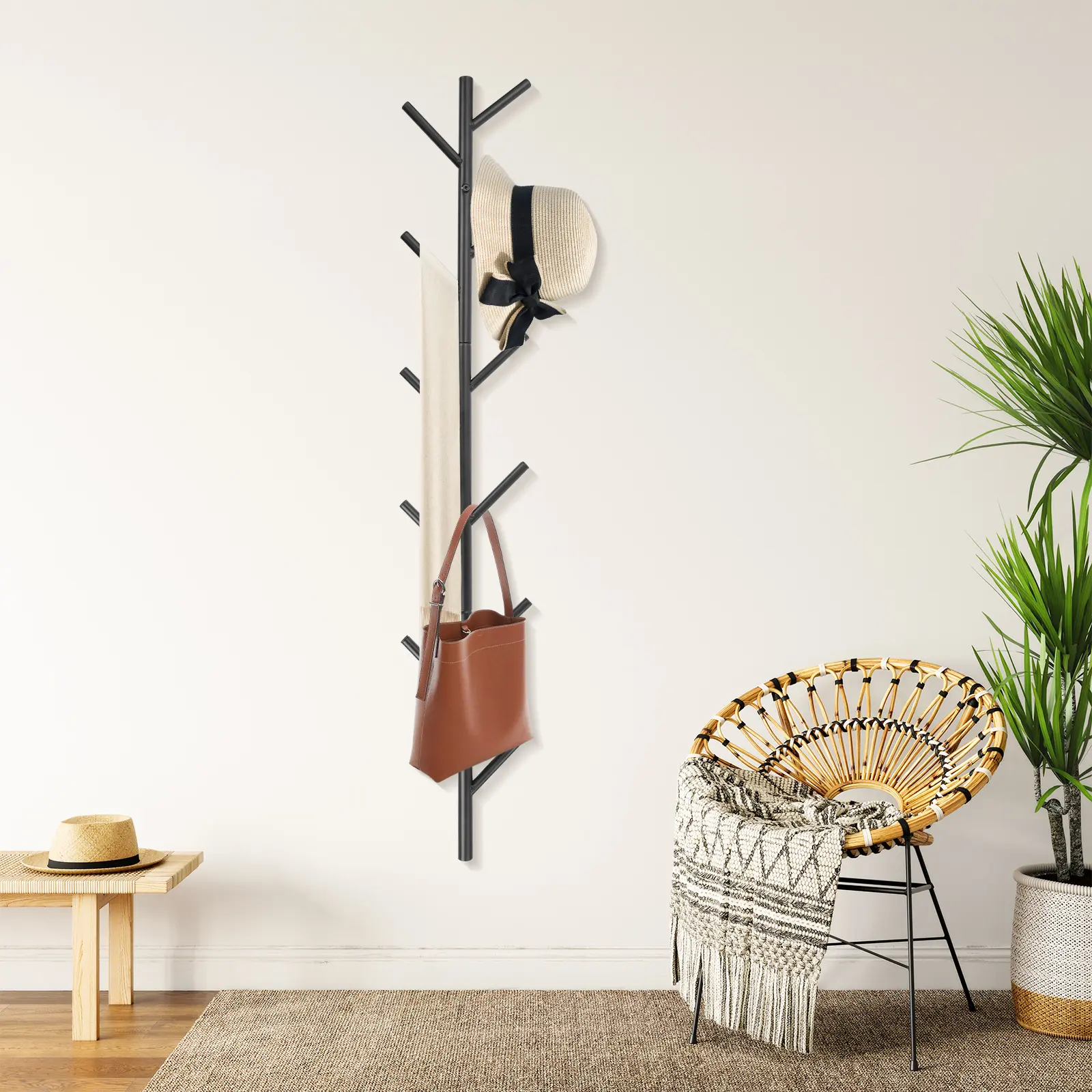 Wall-Mount Vertical Coat Rack - Decorative Corrosion-Resistant Alloy Steel Floating Hook Organizer with Installation Tools, Holds Jackets, Clothes, Scarves, Bags, Perfect for Living Room, Entryway, Kitchen