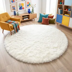 COLLA Ivory Round Fluffy Shag Area Rug For Living Room Bedroom, Ultra Soft Plush Circular Carpet, Non-Slip Rug Aesthetic Floor Decor For Dorm Indoor