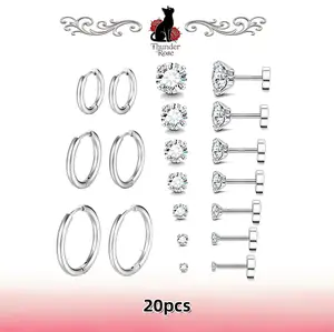 20Pcs Multi-Size Layered Ear Piercing Jewelry Set, Sparkling CZ Flatback Studs + Silver Hoops, Stainless Steel, Suitable for Cartilage / Tragus / Earlobe Piercings
