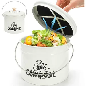 Small Kitchen Compost Bin, 1 Gallon Odorless Composter Container, Food Waste Bucket with Charcoal Filter Lid, Indoor Farmhouse Composting Pail Canister for Trash Scraps with Carrying Handle