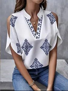 Women's Summer Commute Loose Short Sleeve Geometric Printed Shirt Blouse, Fashion V Neck and Cutout Shoulder Design Top, Stylish Casual Elegant Wear