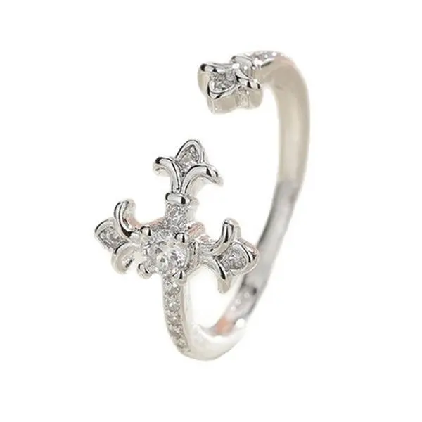 Women's Elegant Geometric Open Ring - White Gold Plated Copper, 12x10mm Sparkling Cross Motif Cubic Zirconia, Inner Diameter 17mm, Costume Jewelry Accessory, Sparkle Zircon, 12*10Mm