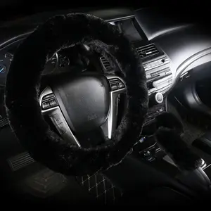 Warm Steering Wheel Cover with Handbrake Cover & Gear Shift Cover, Soft Fazzy Steering Wheel Wrap Faux  Fluffy for Winter 3 Pcs1 Set Fit  of (Black)