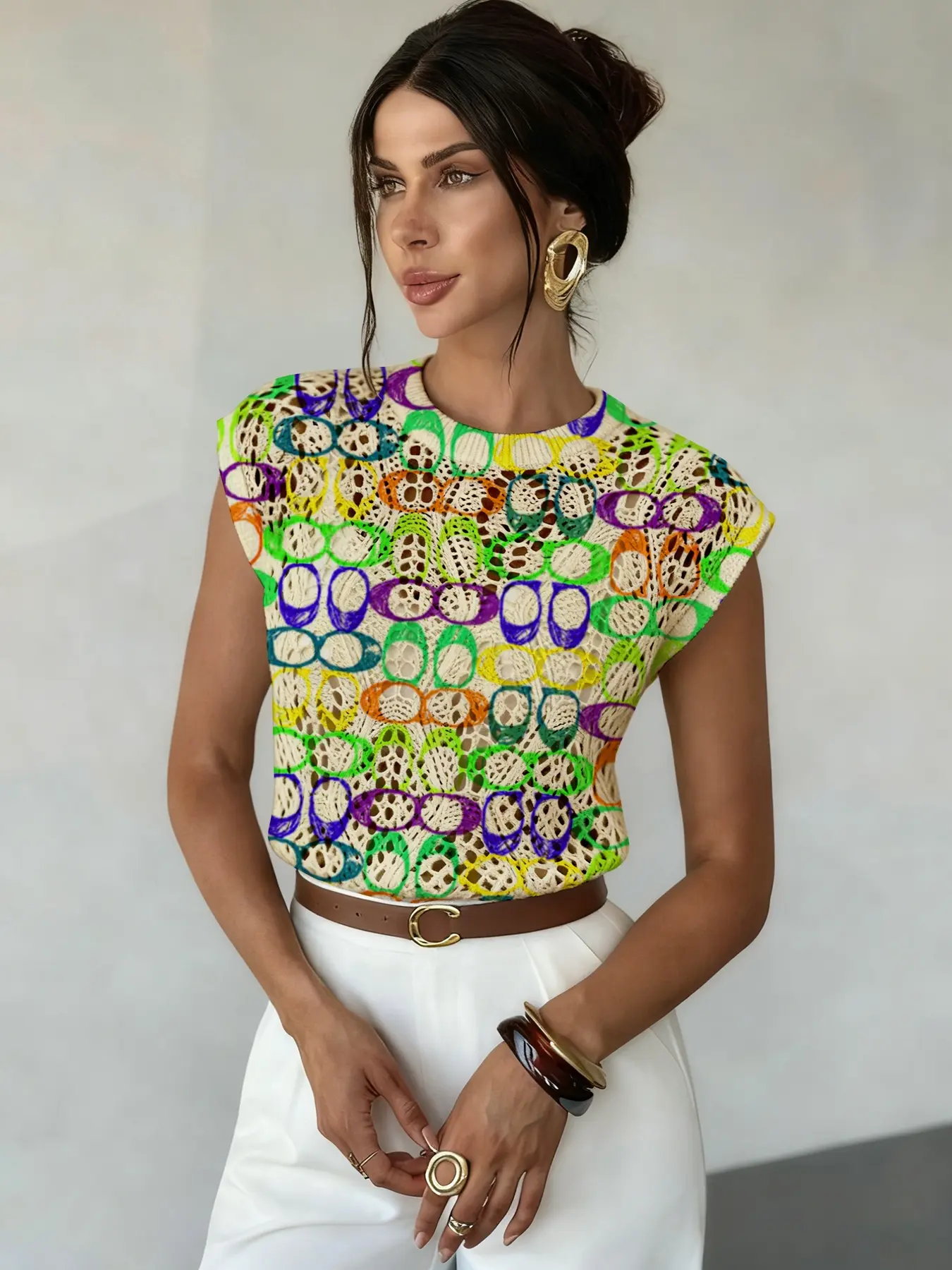 Geometric Pattern Colorblock Print Round Neck Fitted Sweater, Casual Short Sleeveless Knitwear Top for Spring Summer Fall, Comfortable Warm Fashion Women's Clothing