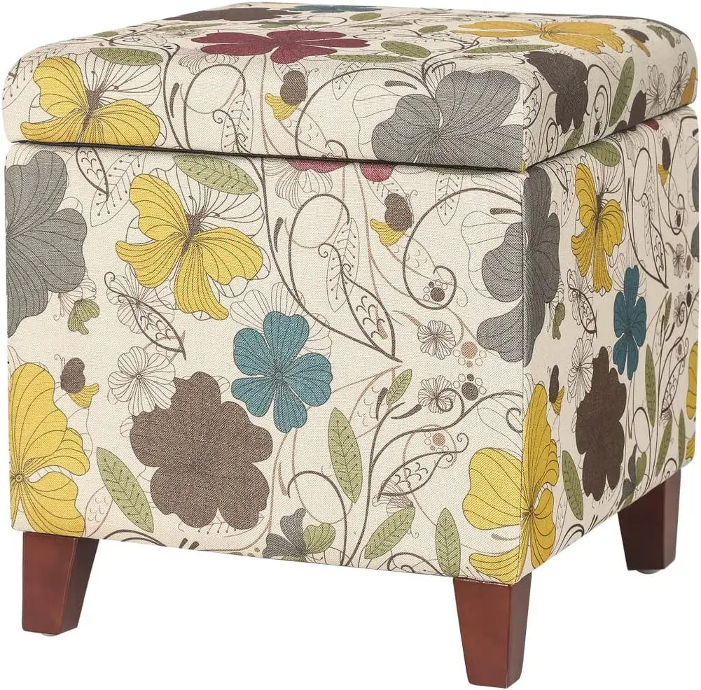 18 Inch High Cube Ottoman Storage, Linen Chair Foot Stools, Upholstered Vanity Stool with Hinged Lid, Solid Wood Legs（FT0272)