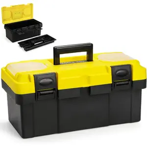 16 Inch Plastic Tool Box with Handle, Portable Toolbox with Removable Tray and Lockable Design, Heavy Duty Toolbox Organizer with Small  Box for Household Workshops Garages, Black Yellow