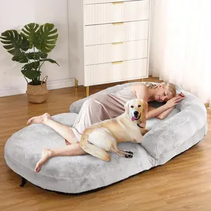 71" Giant Human-Sized Dog Bed for Adults & Pets, Deluxe Faux Fur Bean Bag Bed with Pillow Edge, Orthopedic Shredded Foam Filling, Foldable & Portable Napping Bed with Washable Cover, Anxiety Relief Snuggle Bed for Kids & Dogs, 71"x43"x10"