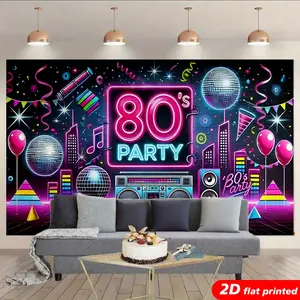 80s Retro Party Polyester Tapestry Wall Hanging - 2D Flat Hyperrealism Printed Backdrop with Neon Disco Ball, Boombox Design, 80s Theme Party Gift, Bedroom Aesthetic Home Decor, Disco Ball Tapestries, Hyperrealism Tapestries