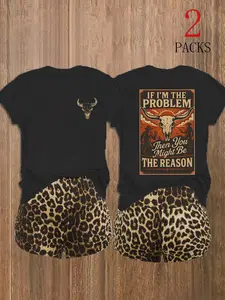 2 Pack Women's Western Cowgirl Graphic Tees, "If I'm The Problem Then You Might Be The Reason" Letter Print Short Sleeve Summer T-Shirts, Vintage Bull Skull Leopard Casual Tops, Baddie Style Vibe OOTD for Coachella Festival Outfits & Daily Streetwear