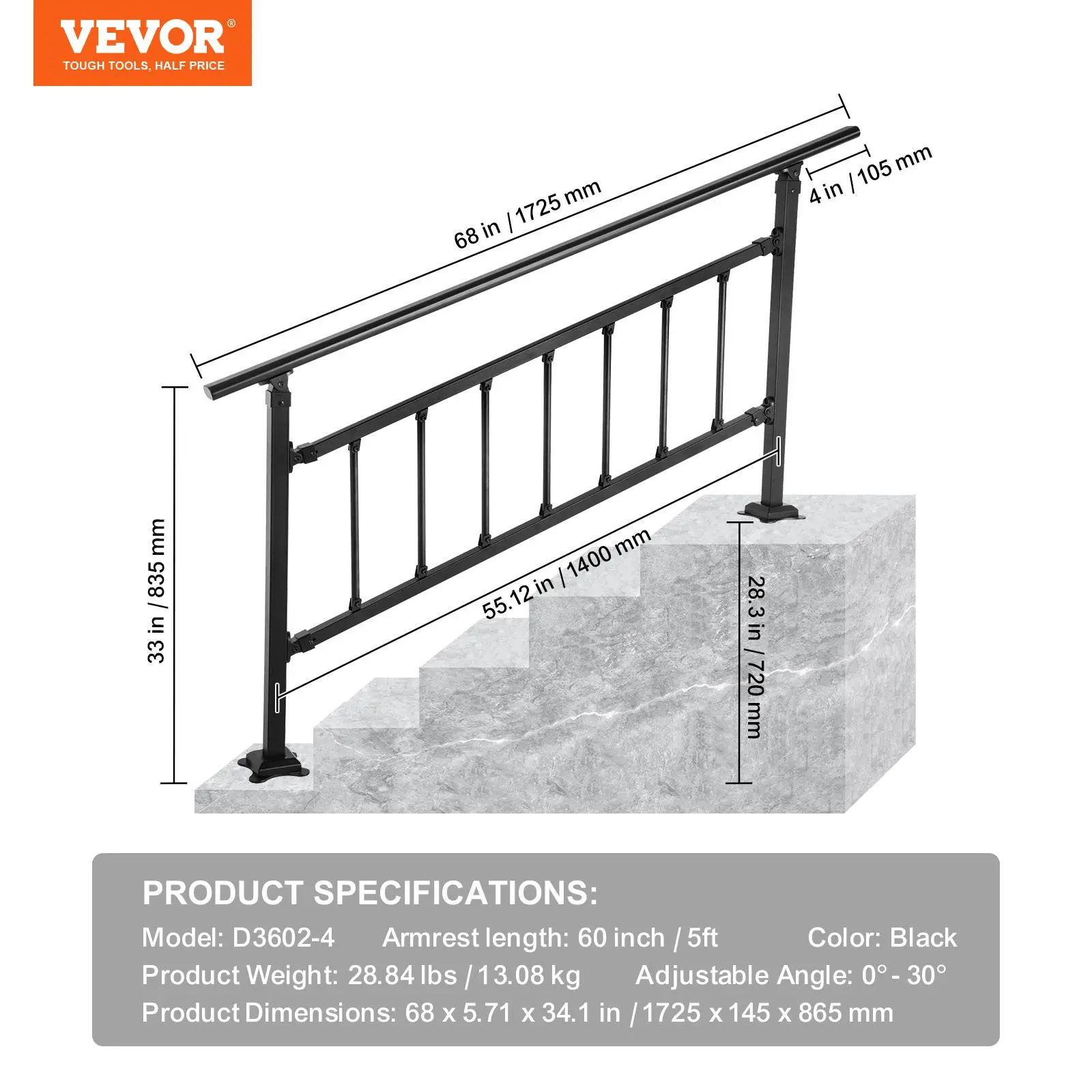 VEVOR Modern Metal Outdoor Stair Railings, Fits 0-5 Steps, Adjustable Exterior Handrail with Fence, Concrete Step-Compatible, for Home Use, Includes 1 m12 Drill, 10 Expansion Screws, 10 m8x60mm Screws, Gardens Home Improvement Building Supply Kit