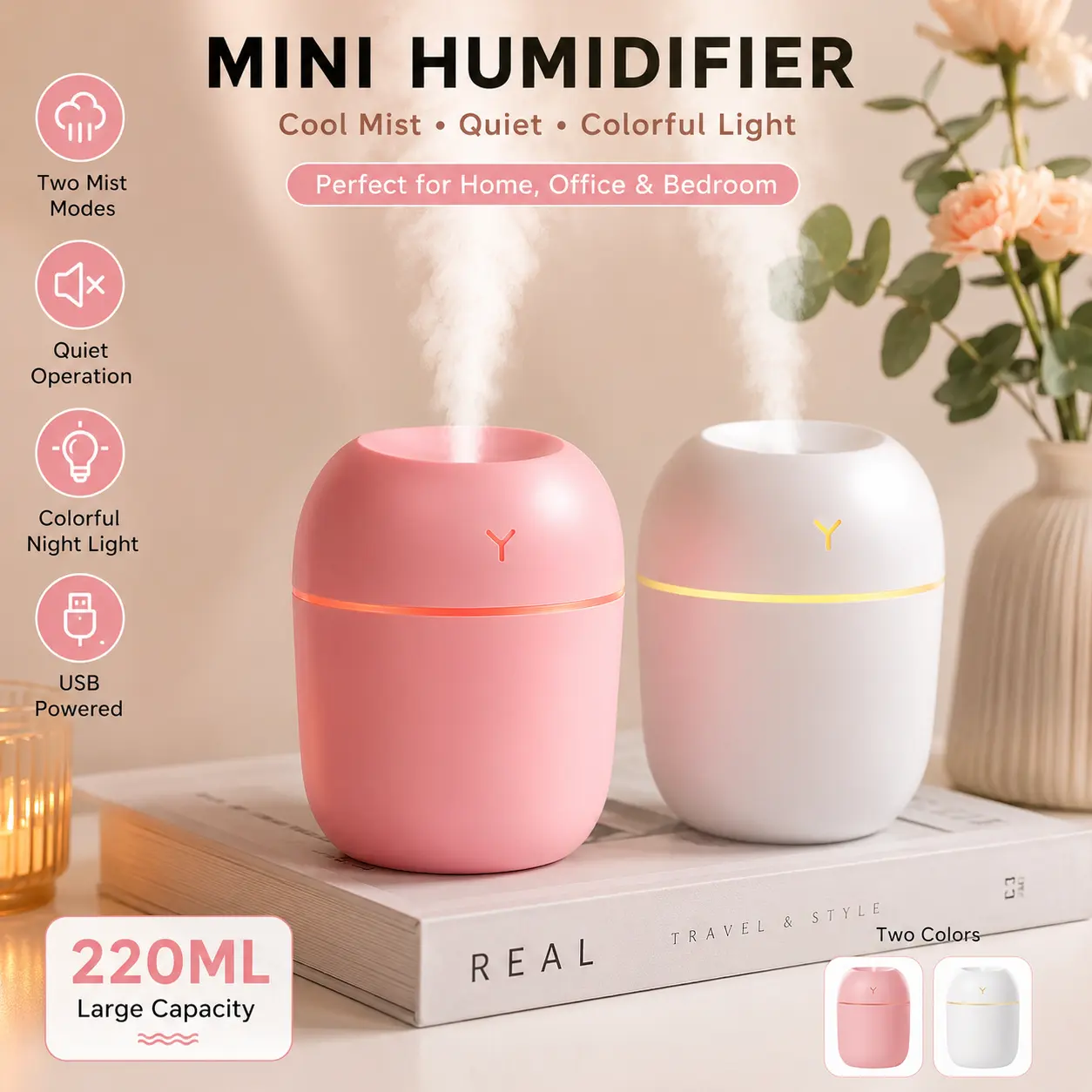 220mL Compact Mini Desktop Humidifier - USB Powered Portable Cool Mist Indoor Mini Gadget with Nightlight, 2 Mist Modes for Bedroom, Office, Pink or White, Mini Gadgets