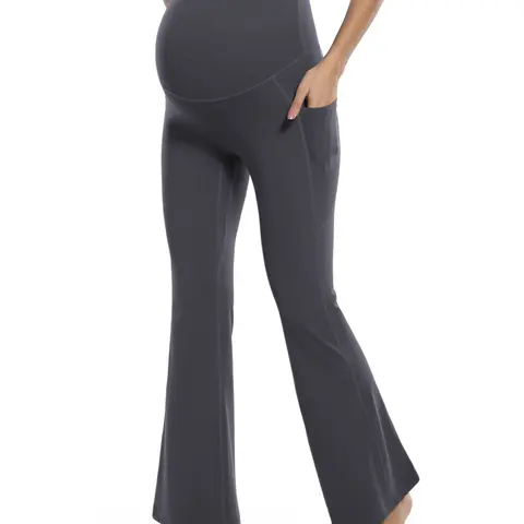 POSHDIVAH Women's Maternity Over The Belly Flare Leggings - Full Length Nylon-Spandex Active Wear with 4-Way Stretch, Side Pockets, Bootcut Design for Expectant Mothers' Yoga, Workout & Lounge Pregnancy Clothes