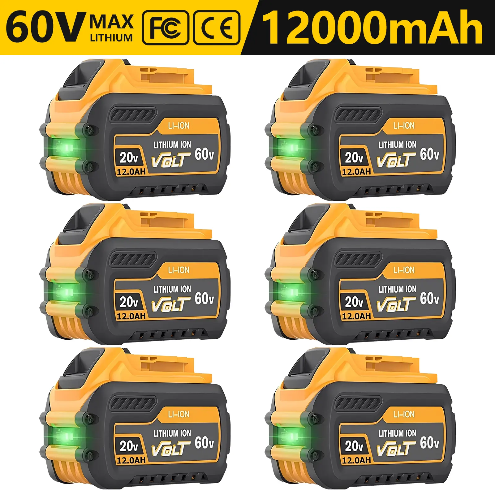 6-Pack 12.0 Ah Lithium Ion Batteries for Dewalt 20V/60V MAX Cordless Power Tools, DCB Series Compatible (DCB606, DCB609, DCB612), Dual-Voltage Intelligent Technology, FCC/CE/RoHS Certified, Durable Long-Lasting Construction, High-Power Tasks