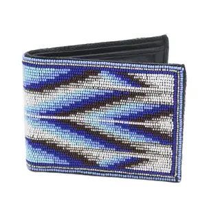 Handmade beaded Native American style genuine leather Men's bifold Wallet/purse - Blue Brown White
