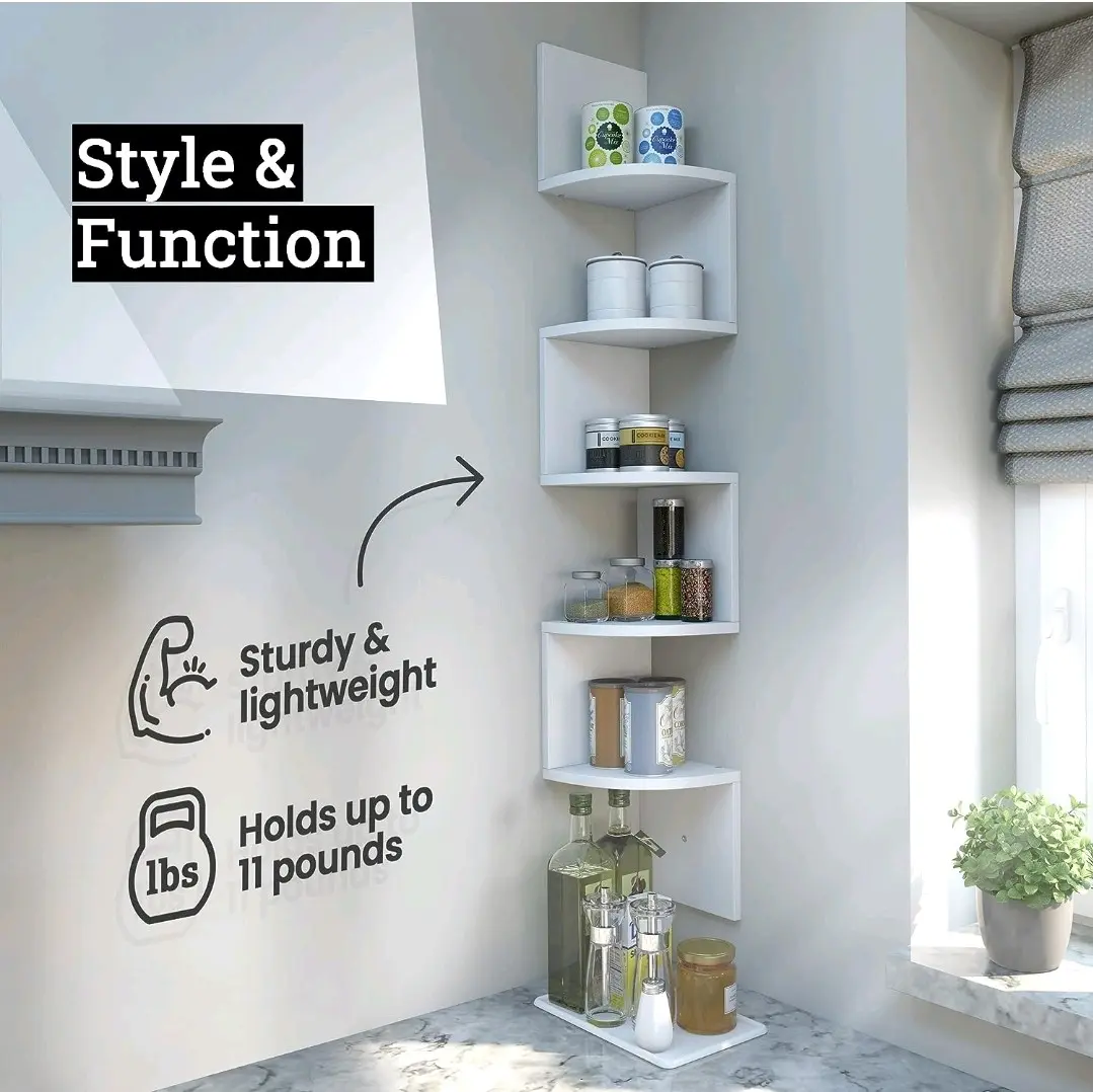5-Tier Corner Shelves, Floating Corner Shelf, Wall Organizer Storage, Easy-to-Assemble Tiered Wall Mount Shelves for Bedrooms, Bathroom Shelves, Kitchen, Offices, & Living Rooms (White Finish)