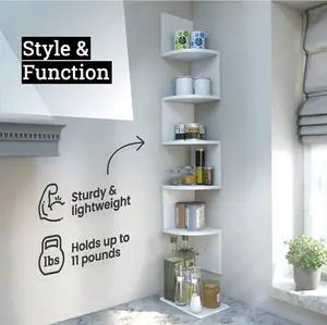 5-Tier Corner Shelves, Floating Corner Shelf, Wall Organizer Storage, Easy-to-Assemble Tiered Wall Mount Shelves for Bedrooms, Bathroom Shelves, Kitchen, Offices, & Living Rooms (White Finish)