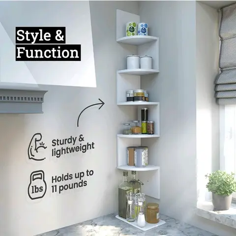 5-Tier Sturdy & Lightweight Floating Corner Shelves, Wall Mounted Home Decor, Easy-to-Assemble Wall Organizer, Bedroom Decor Storage for Bathrooms, Kitchens (White Finish)