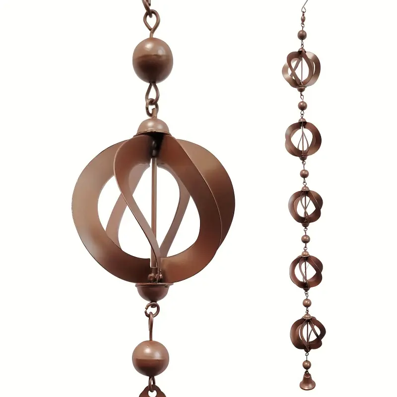 One 46.4-inch rotating rain chain - iron decorative drainage pipe with bells, outdoor rainproof drainage, garden decoration, Garden Accessories, suitable for patios, gardens, with traditional design and details, weather-resistant surface treatment