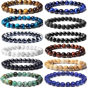 12PCS 8mm Stones Beaded Bracelets for Men Women Tiger Eye Lava Rock Healing Stone Bead Trendy Jewellery Accessories Trendy Fashionable Accessories