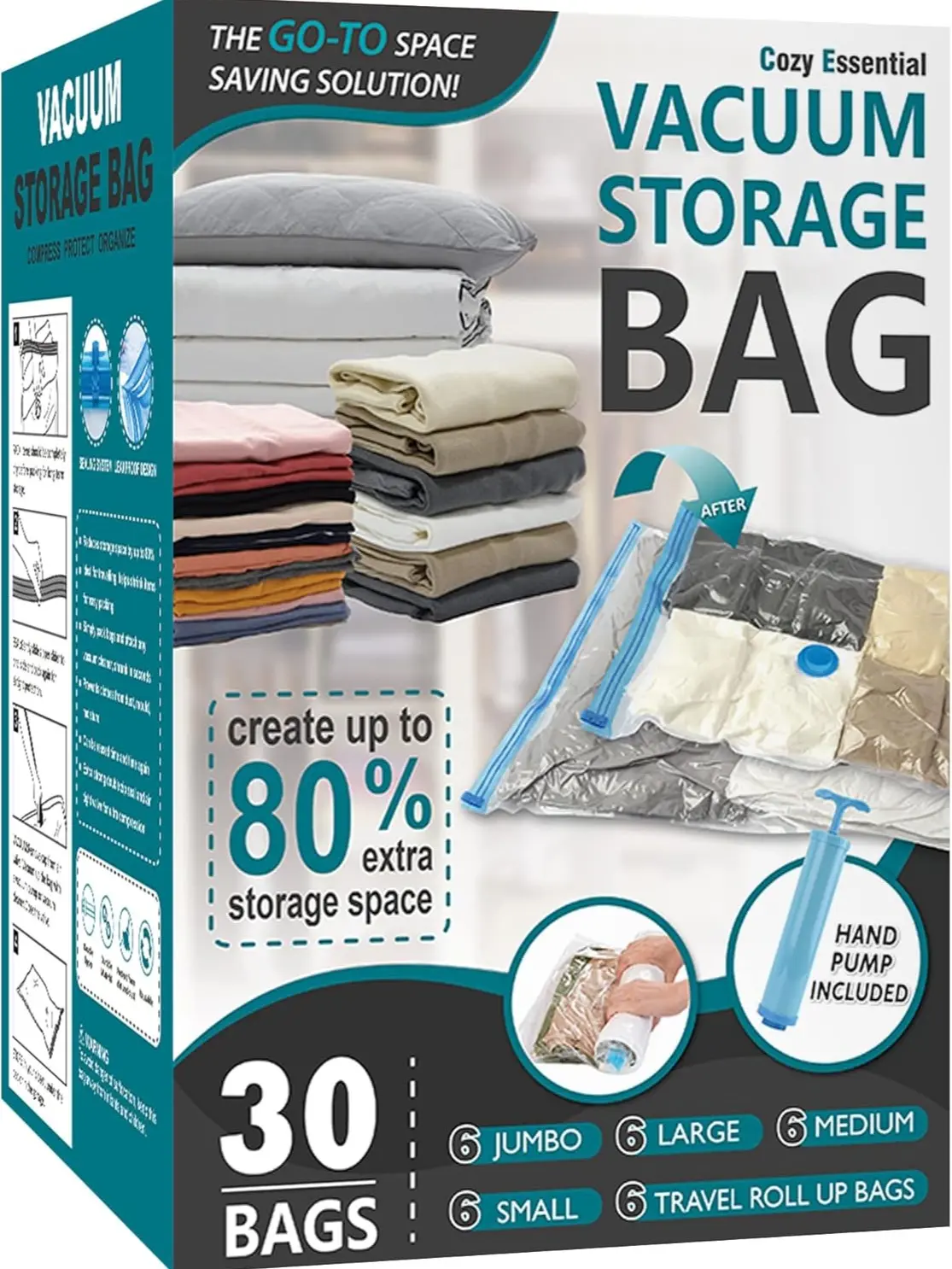Cozy Essential 30 Pack Vacuum Storage Bags, 80% Space Saving Airtight Vacuum Compression Bags for Clothes, Blankets, Pillows, Bedding & Comforters, Compatible with Vacuum Sealer Machine