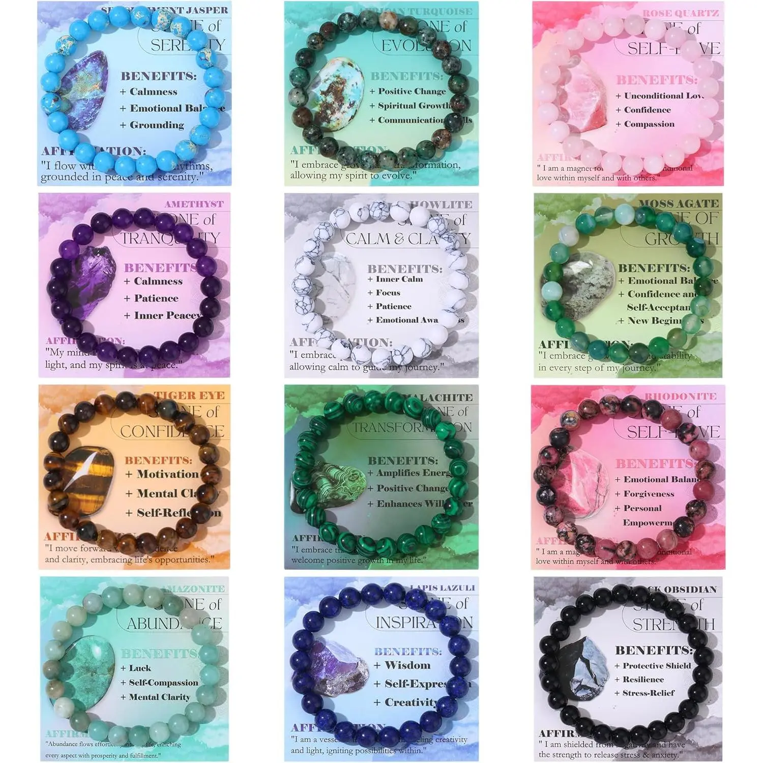 Women's 12PCS Semi-Precious Natural Gems Stretch Bracelets - 6mm-8mm Round Beads, Elastic Adjustable Size, Smoky Quartz & Amethyst Crystal, Gift-Ready Costume Jewelry Accessory