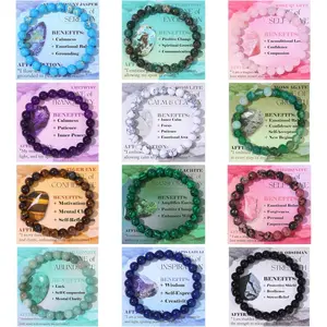 12PCS 6mm 8mm Gemstone Beaded Bracelets for Women Semi-Precious Natural Crystal Bracelets Round Beads Gemstones Stretch Bracelet Jewelry Gift Smoky Quartz Amethyst