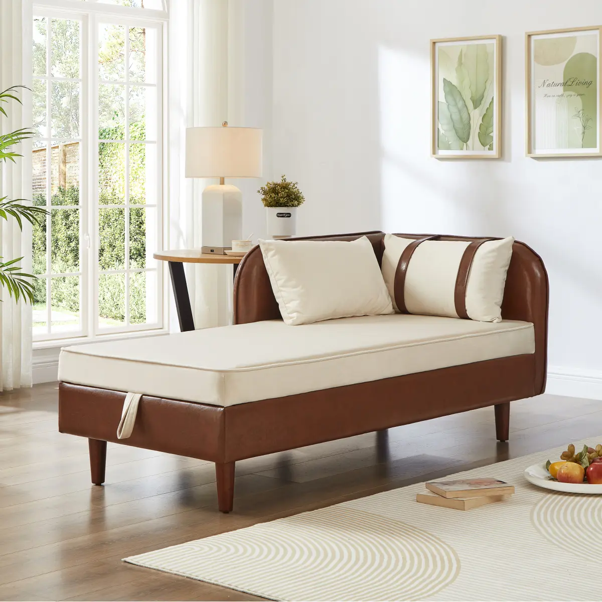 65" Armless 2-Tone Storage Chaise Lounge Comfy Couch - Brown PU Leather & Beige Velvet, Sturdy Plywood-Eucalyptus Frame, Foam-Padded Space Saving Furniture, Indoor Sofas & Couches, L65"*W30"*H27", Assembly Required