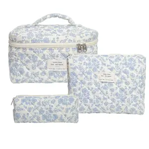 3pcs  Makeup Bag Set Quilted Makeup Bag Set Women Fashion Plaid  Large Travel Cosmetic Bag Portable Cosmetic Storage Bag for Daily Use Makeup Travel Bag Organizer Floral Capacity Makeup Bag