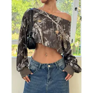 Spring Camo Sweatshirt Off the Shoulder Long Sleeve Asymmetrical Neck Y2k Pullover Crop Tops Streetwear