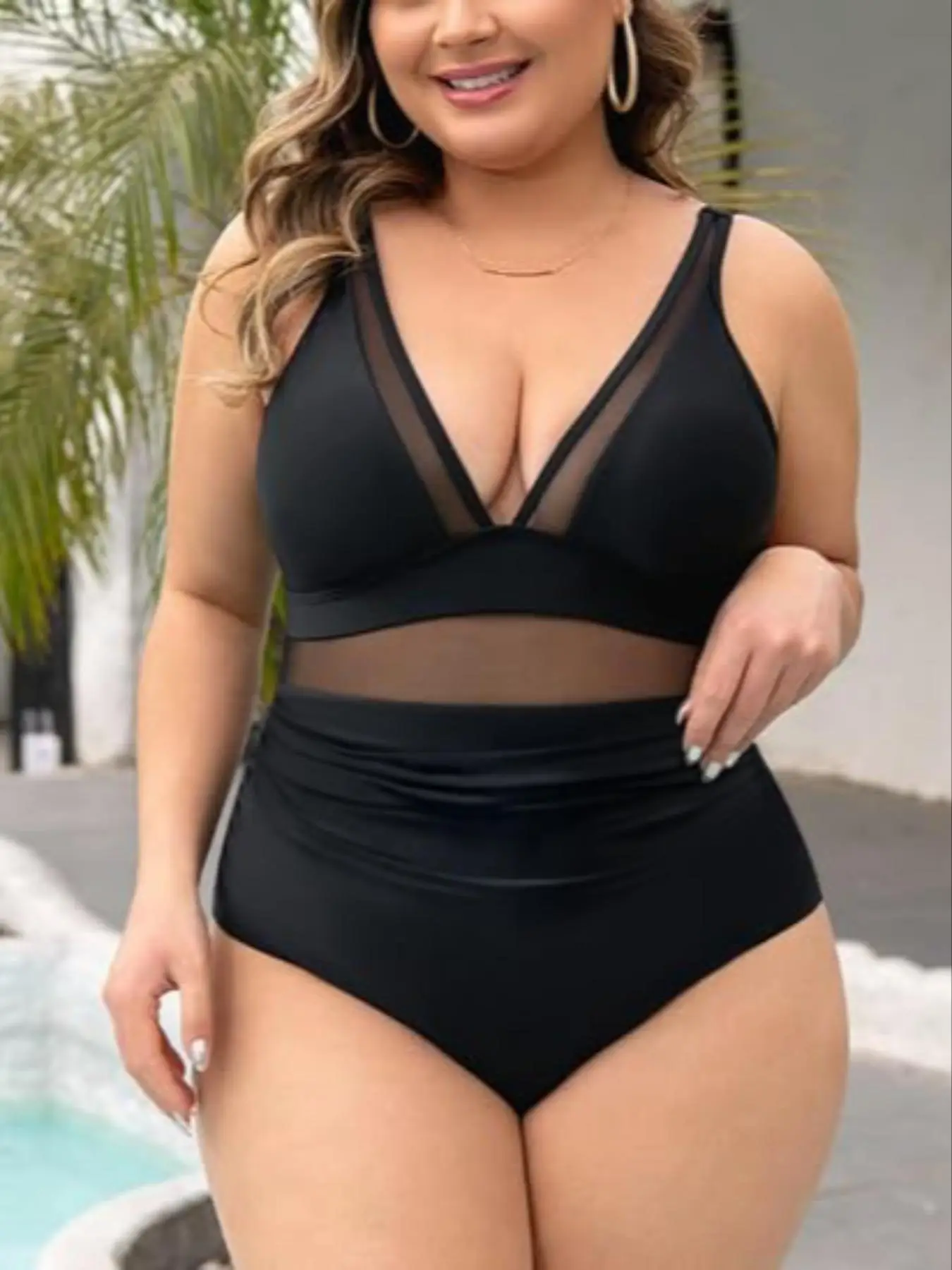 Plus Size Sexy Contrast Mesh V Neck One-piece Swimsuit, Women's Adjustable Strap Swimwear for Summer, Summer Outfits 2024, Ladies Plus Size Swimwear f