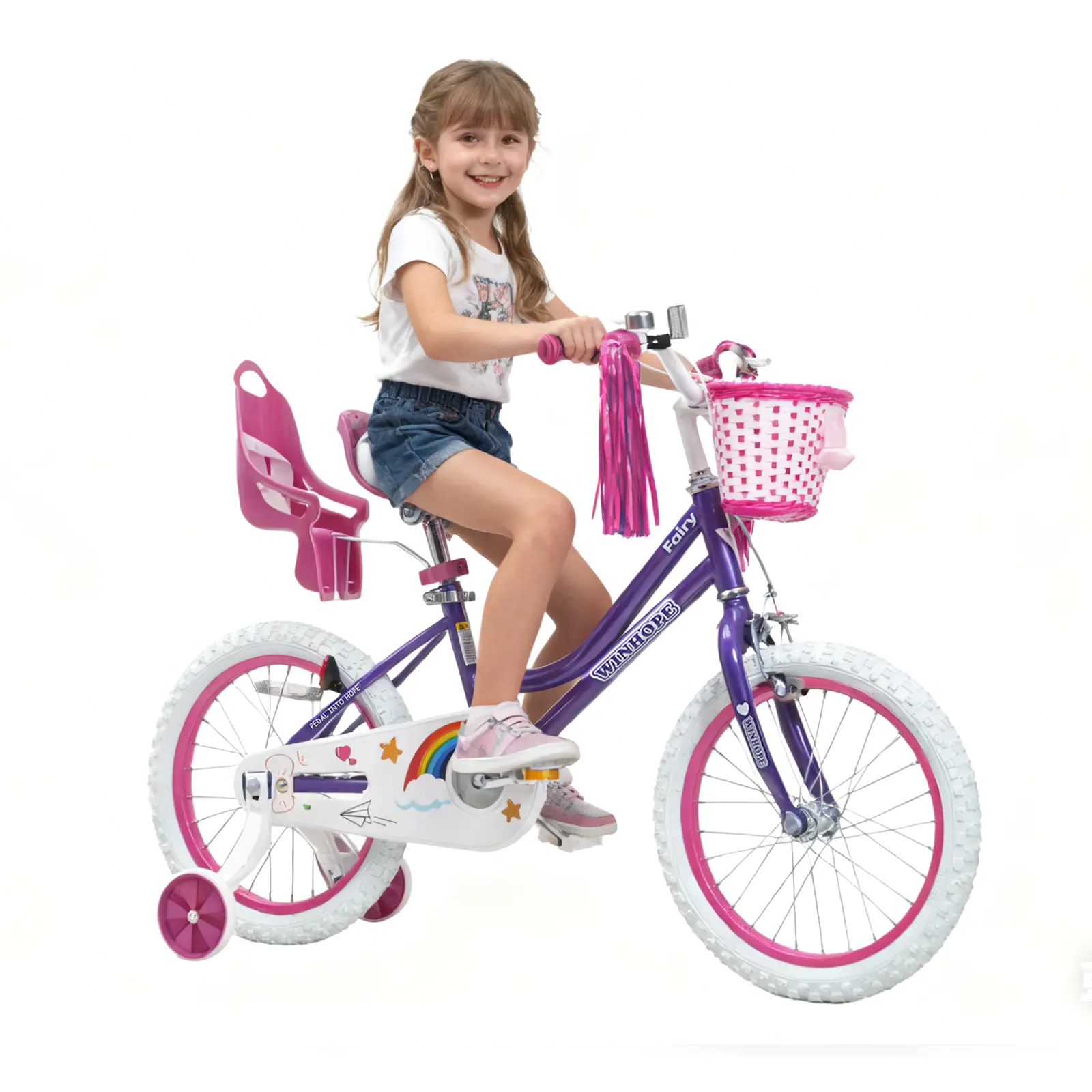 Winhope Little Fairy Children's Bicycle Ages 2–9 | 12–18 inch with training wheels, front basket, doll seat, handlebar ribbon | 95% preassembled, dual brakes, adjustable seat/handlebar