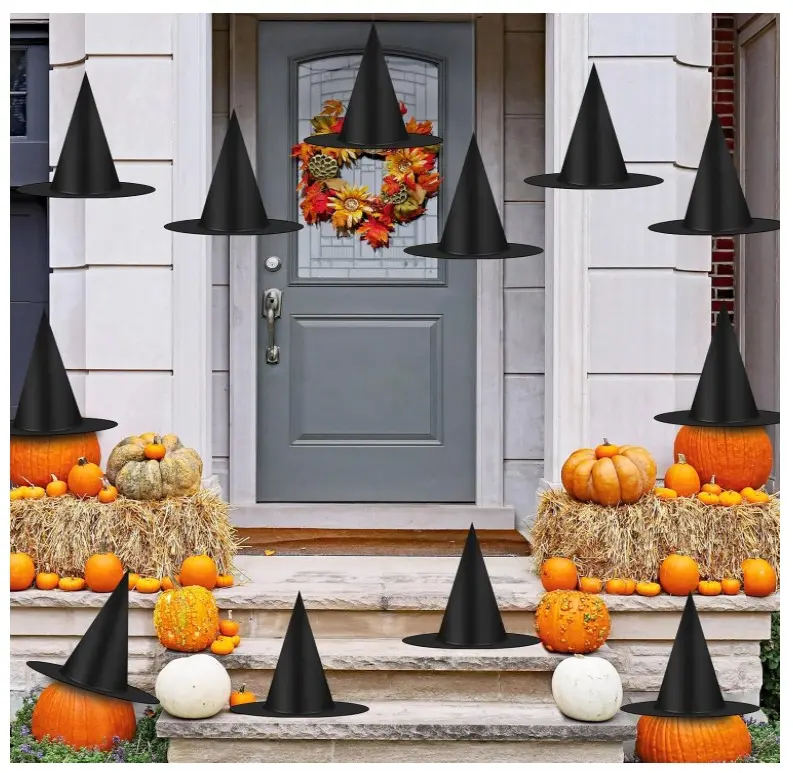 12pcs Halloween Black Witch Hats Decorations, Thickened Hanging Wizard Hats Bulk Costume Accessory, Floating Witch Hat with Rope and Hooks for Porch Yard Indoor Outdoor Halloween Decor Party Favors Ornaments Round
