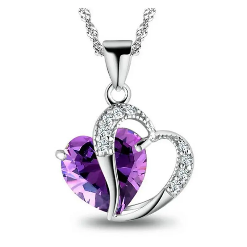 Women 925 Sterling Silver Necklace Chain Amethyst Crystal Heart Purple Pendant