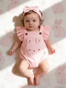 Summer Baby Girl Clothes Bunny Ear Backpack Diaper Cover Set, Newborn Breathable Sleeveless Romper + Bow Headband Two-Piece Set Bodysuit