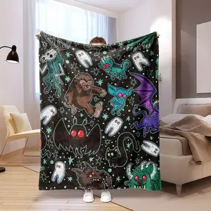 Glam Style Cryptids Blanket,  Spooky Cartoon Creature Print, Perfect for Picnics and Home Decor, All-Season, Black Flannel, Blanket for Bed Suitable for beds and sofas can also be given as a gift