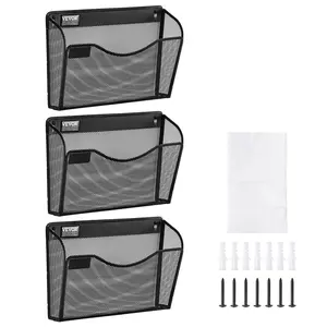 VEVOR File Wall Rack,  Three-Piece 1 Pocket Mesh Wall File Holder, Wall Mounted Magazine Mail Paper & Document Storage Folder, Metal Wall File Organizer with Nametag Label, for Office Home & School