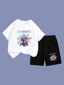 Kpop Hunter Girl Group Print Round Neck Set, Casual Sports Short Sleeve + Shorts, Girls' Clothing, Youth & Teenwear, Gift Choice