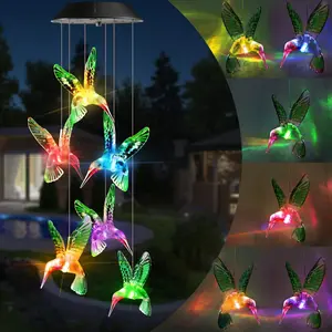 Solar-powered colorful changing hummingbird wind chime, LED waterproof decorative hanging light, a perfect holiday gift for mom, wife, or children, suitable for gardens, porches, patios, courtyards, and windows