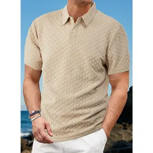 Men's Beige Herringbone Textured Short Sleeve Polo Shirt Button Front Casual Trendy Top For Summer Spring Daily Outings Office Leisure Street Style Ideal For Style - Savvy Guys