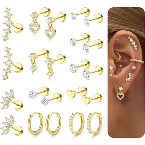 CASSIECA  Hypoallergenic Flat Back Earrings for Women Cartilage Earrings Stacks-20G Surgical Stainless Steel Flatback Stud Hoop Earring Set Daith Conch Tragus Helix Piercing Jewelry