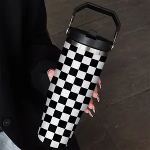 30oz Stainless Steel Insulated Portable Travel Mug with Handle, Checkered Pattern Straw Cup Tumbler for Hot & Cold Drinks, Ideal Gift for Outdoor Sports, Drinkware