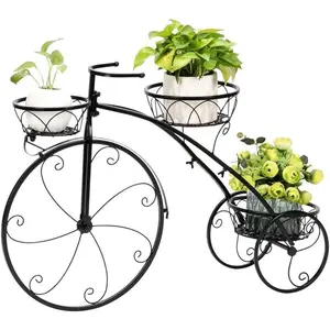 Bicycle Planter Stand, Three-wheeled Plant Stand, Plant Stand, Plant Corner Shelf, Metal Flower Pot Cart Holder with 3 Plant Bucket Outdoor Decorative for Patio, Deck, Garden or Lawn