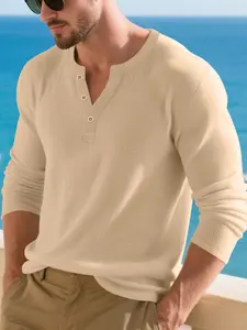 Men's Long Sleeve Henley Shirt, Casual Fashion Fitted Knit Top, Knitwear, Menswear, Comfortable Soft Fabric, Spring & Fall Wear, Bestseller Style