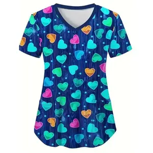 Heart Print V-Neck Stretchy Medical Uniform for Women Casual Short Sleeve Patched Pockets Tops Scrubs Medical Uniforms Woman Workuniform Workwear