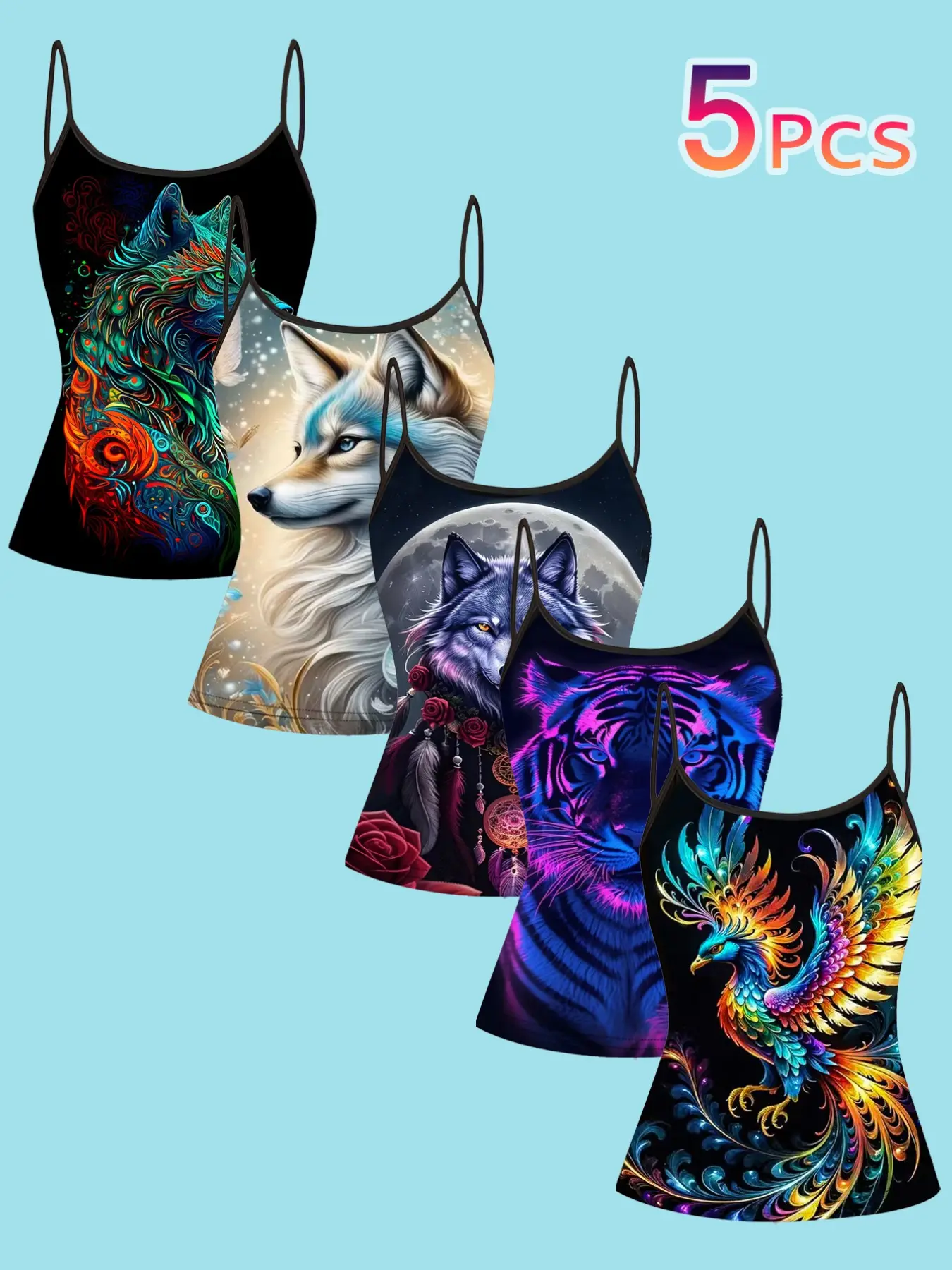 5-Piece Set Colorful Animal Print Strapless Tank Tops, Boho Fashion Casual Sleeveless Cami, Ethnic Wolf Tiger Phoenix Totem Thin Shoulder Blouses, Summer Casual Sleeveless T-Shirts