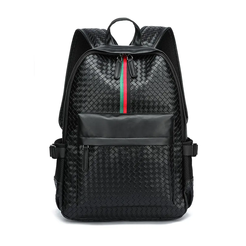 Elegant Black Woven Backpack with Red and Green Stripes leather outdoor travel backpack for Men and Women