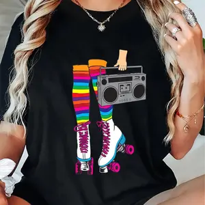 100% Cotton Women's T-Shirt | Retro Roller Skates & Boombox Graphic | | Multi-Color Design | Machine Washable | All-Season Comfort Fit | Ideal for Disco Enthusiasts, Allseason Tshirt | Vibrant Graphic Tee | Knitted Fabric, Fashion T Shirt