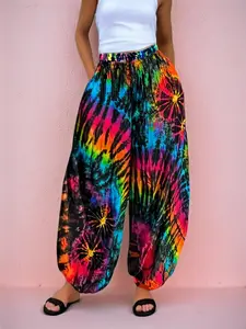 Plus size Women's Tie-Dye Print Pants, Bohemian Casual Fitted Long Summer Trousers, Comfortable Moderate Knit Fabric, Stylish & Versatile Design, Boho, Style