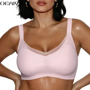 OEAK Womens Wireless Bras V Mesh Comfortable Bralette Supportive Tshirt Jelly Bra No Underwire Seamless Push Up Everyday Bras